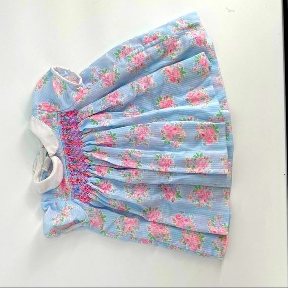 Vintage Smocked dress with roses, stripe sz 18m - Picture 1 of 6